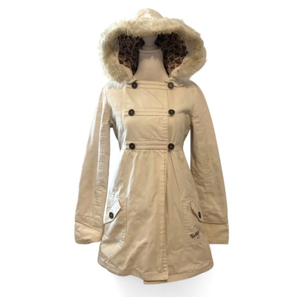 Vintage Y2K Billabong Ivory Canvas Babydoll Peacoat Faux Fur Hood Size Small